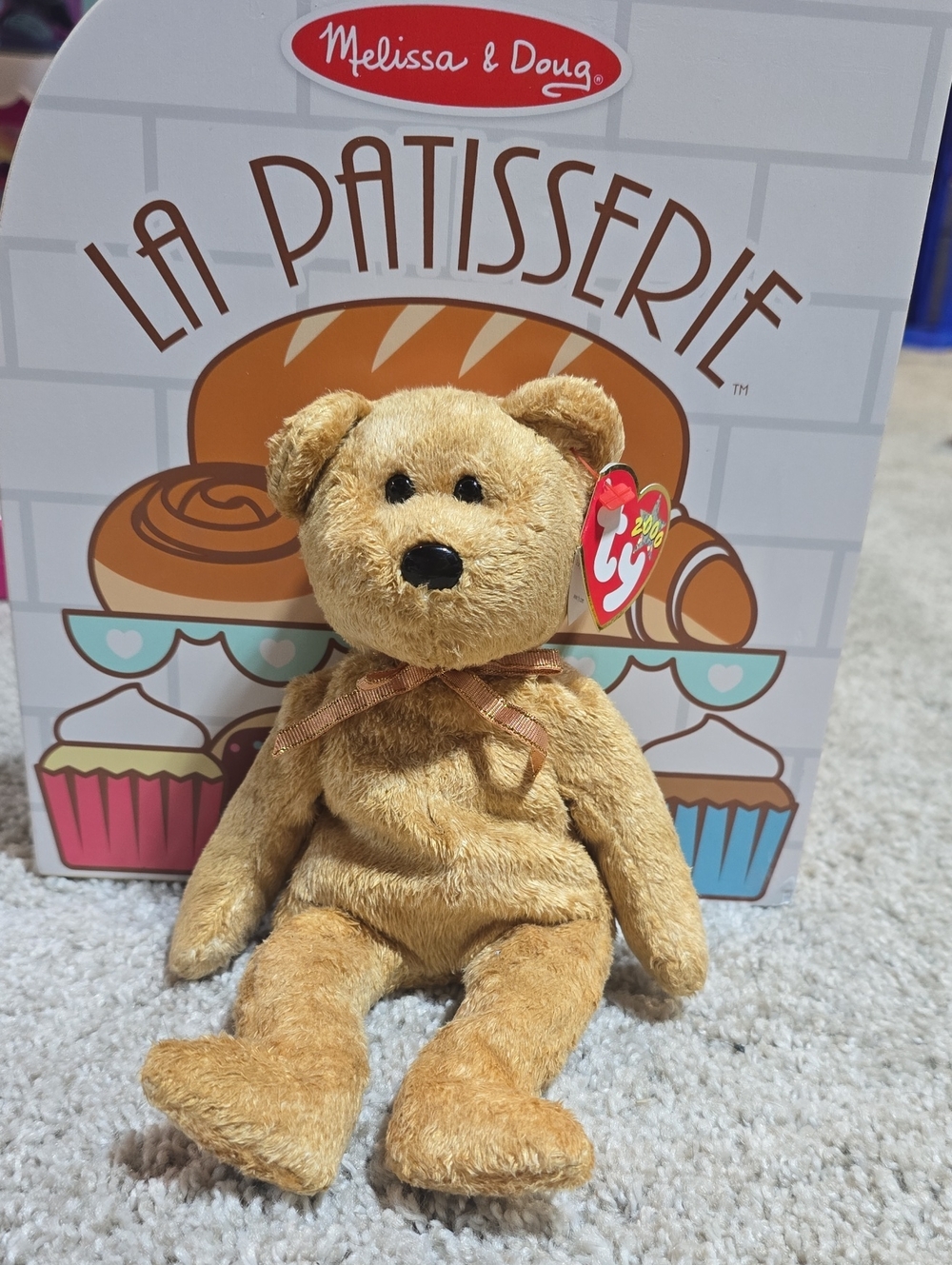 Ty Cashew BEAR Brown Plush Teddy Bear with Bow - Soft Tan Fur